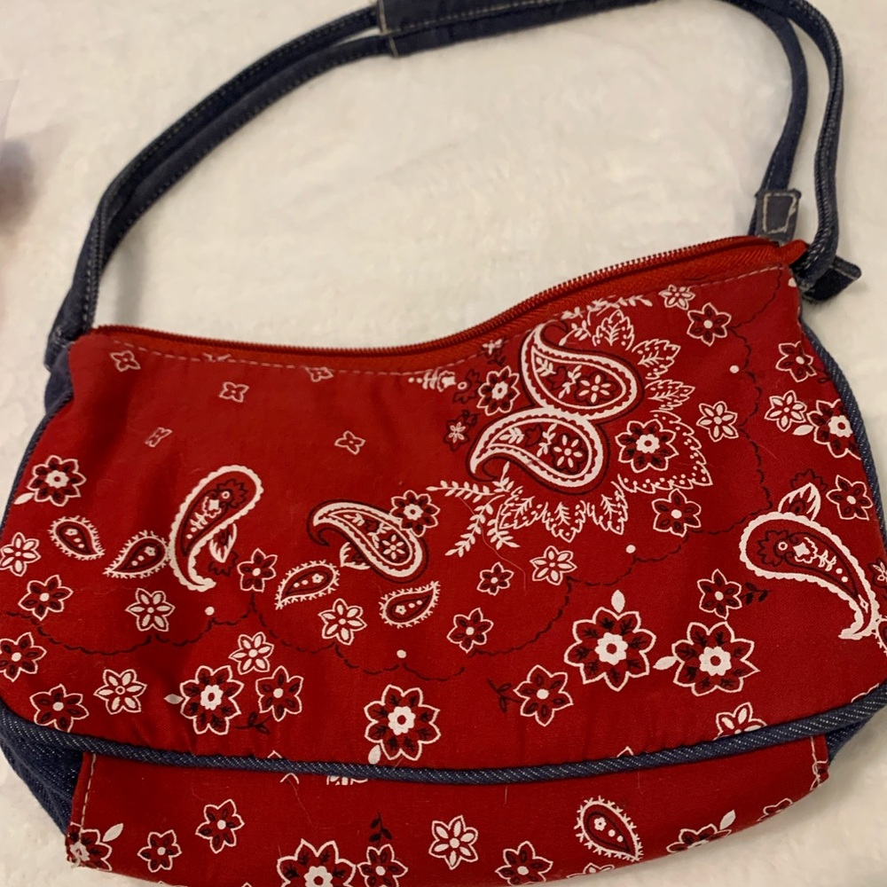 Vtg Red Boho Bandana purse Concerts,Festivals,Fun!Blue Denim Trim!!Light-Weight!